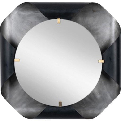 Miroir vintage avec cadre métallique incurvé et laiton doré, France 1970