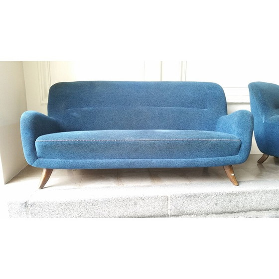 Image 1 of Canapé vintage bleu 3 places en tissu velours, 1950