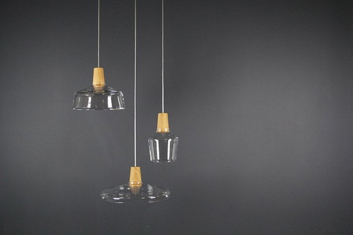 3 X Lampe suspendue Dreizehngrad Design, soufflée à la main avec raccord en bois