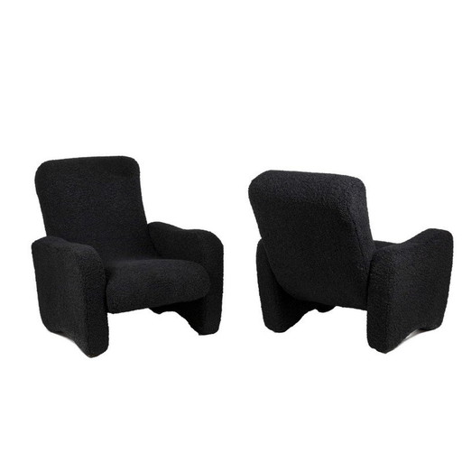 Paire de chaises longues vintage en tissu noir bouclé, 1970
