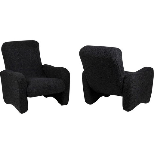 Paire de chaises longues vintage en tissu noir bouclé, 1970