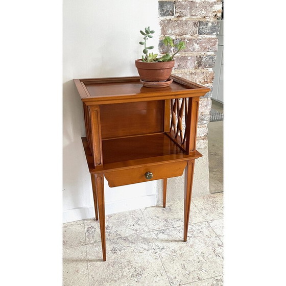 Image 1 of Table de chevet vintage avec pieds compas en bois verni