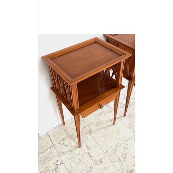Image 1 of Table de chevet vintage avec pieds compas en bois verni