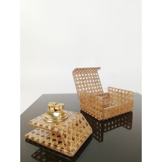 Image 1 of Boîte et porte-briquet vintage en acrylique transparent et paille de Vienne, Italie, années 1970