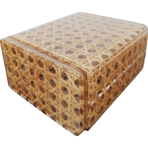 Image 1 of Boîte et porte-briquet vintage en acrylique transparent et paille de Vienne, Italie, années 1970