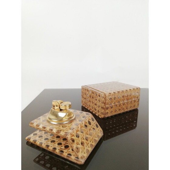 Image 1 of Boîte et porte-briquet vintage en acrylique transparent et paille de Vienne, Italie, années 1970