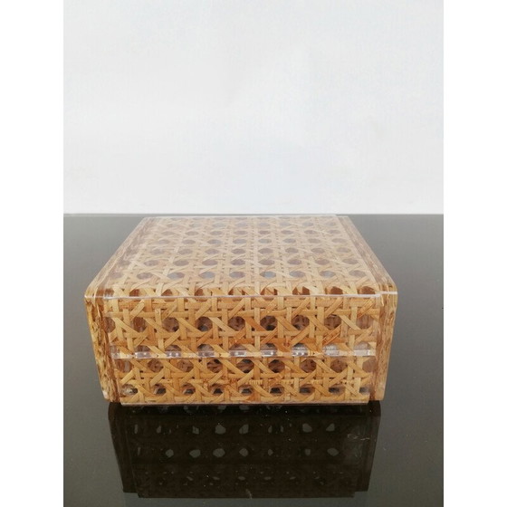 Image 1 of Boîte et porte-briquet vintage en acrylique transparent et paille de Vienne, Italie, années 1970