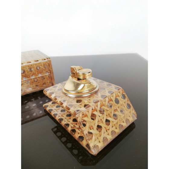 Image 1 of Boîte et porte-briquet vintage en acrylique transparent et paille de Vienne, Italie, années 1970