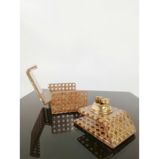 Image 1 of Boîte et porte-briquet vintage en acrylique transparent et paille de Vienne, Italie, années 1970