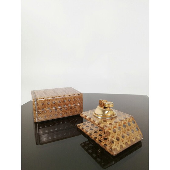 Image 1 of Boîte et porte-briquet vintage en acrylique transparent et paille de Vienne, Italie, années 1970