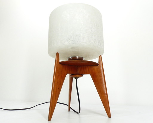 Lampe De Table Vintage Tripode Bois Et Verre 1950 France 