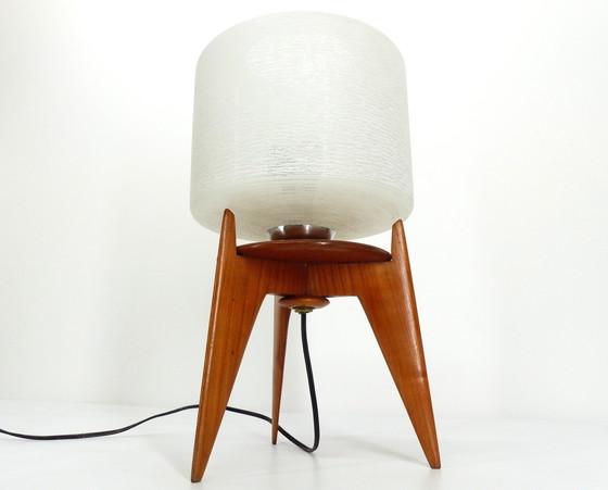 Image 1 of Lampe De Table Vintage Tripode Bois Et Verre 1950 France 