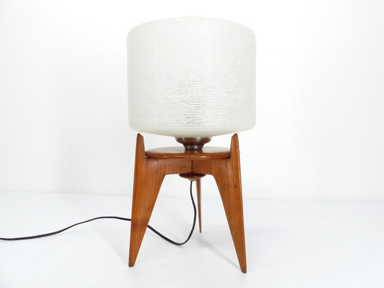 Image 1 of Lampe De Table Vintage Tripode Bois Et Verre 1950 France 