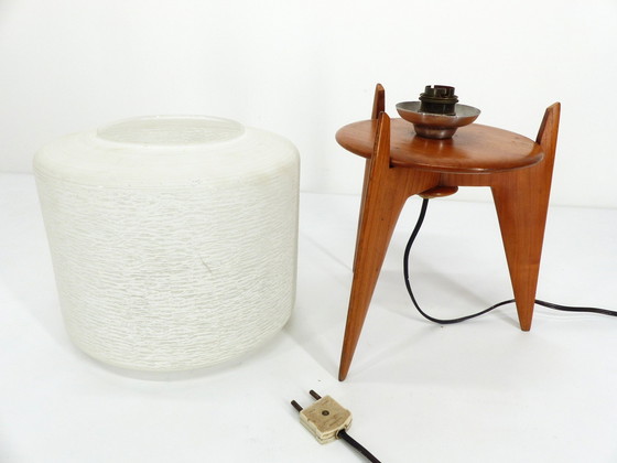 Image 1 of Lampe De Table Vintage Tripode Bois Et Verre 1950 France 