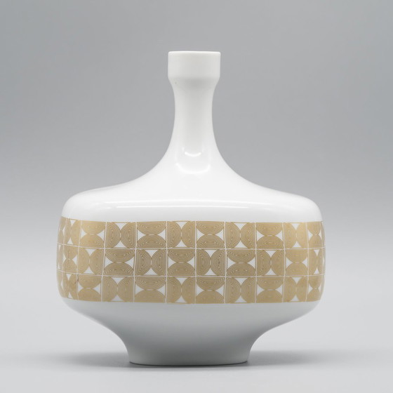 Image 1 of Hutschenreuther Vase en porcelaine brillante Or Géométrique 70S Vintage Space-Age