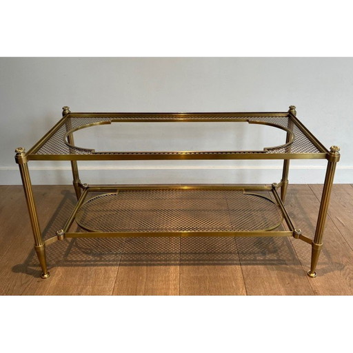 Table basse vintage en bronze et laiton avec double plateau en verre, 1940