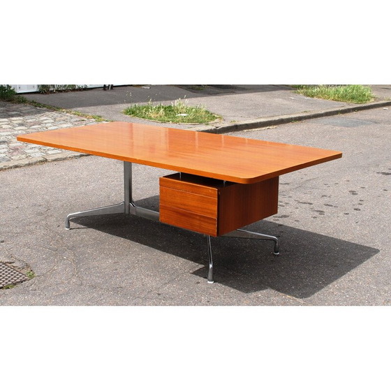 Image 1 of Bureau vintage en bois massif verni et aluminium chromé par Charles et Ray Eames