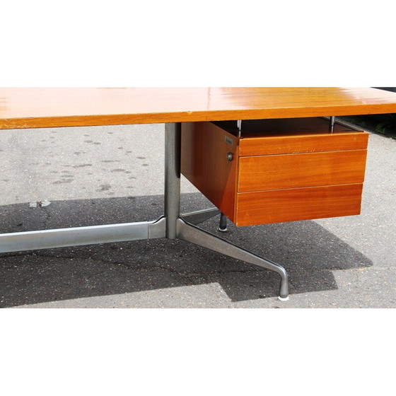 Image 1 of Bureau vintage en bois massif verni et aluminium chromé par Charles et Ray Eames