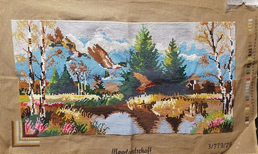 2092 Broderie au point de croix avec paysage et canards