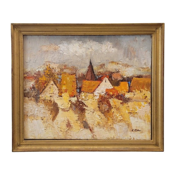 Image 1 of Huile sur toile vintage "Village alsacien" par E. Ritter, France
