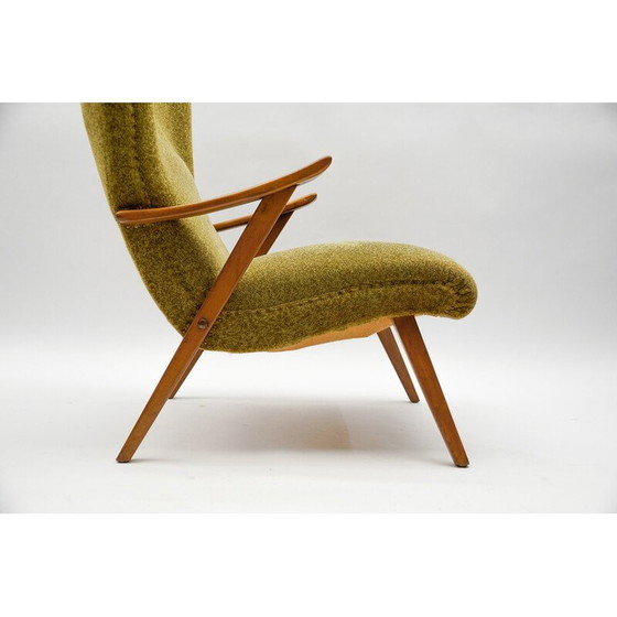 Image 1 of Fauteuil à oreilles vintage en bois et tissu, Italie 1950