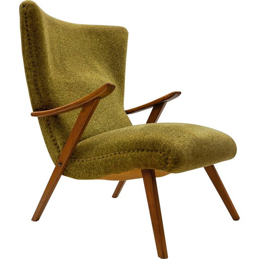 Fauteuil à oreilles vintage en bois et tissu, Italie 1950