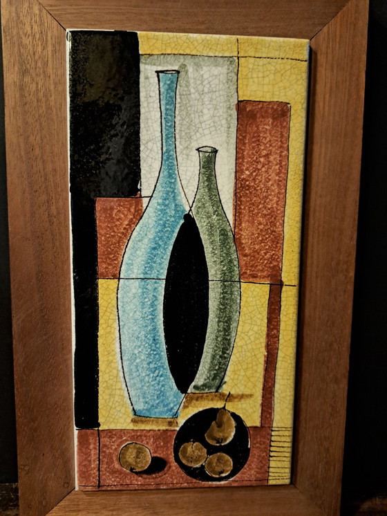 Image 1 of Carrelage mural en céramique italienne des années 1960 avec motif de bouteille et cadre en bois