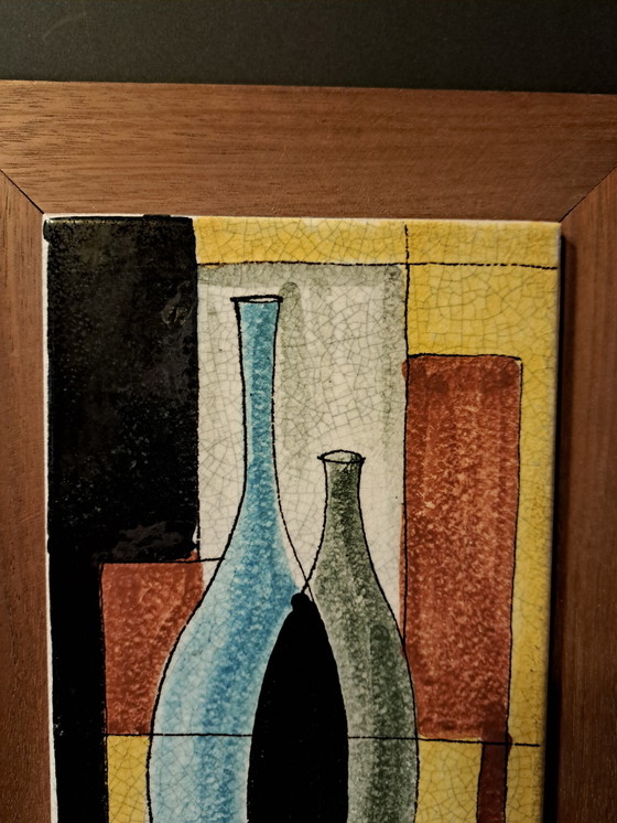 Image 1 of Carrelage mural en céramique italienne des années 1960 avec motif de bouteille et cadre en bois