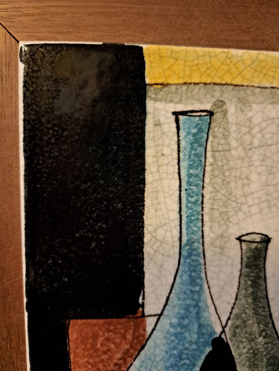 Image 1 of Carrelage mural en céramique italienne des années 1960 avec motif de bouteille et cadre en bois