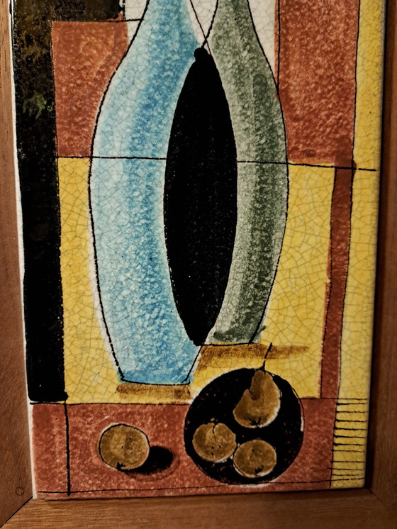 Image 1 of Carrelage mural en céramique italienne des années 1960 avec motif de bouteille et cadre en bois