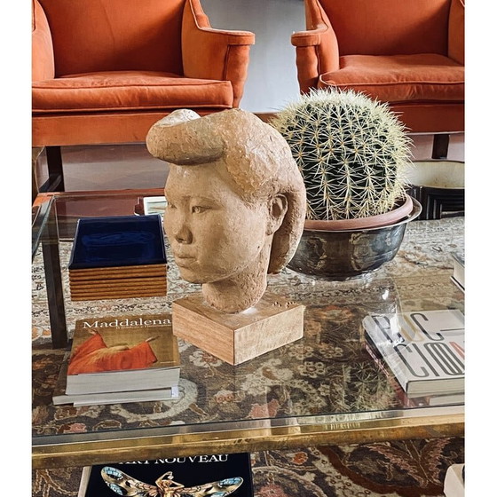 Image 1 of Sculpture vintage en terre cuite avec tête de fille japonaise Akito par Willy Gordon, France 1940s