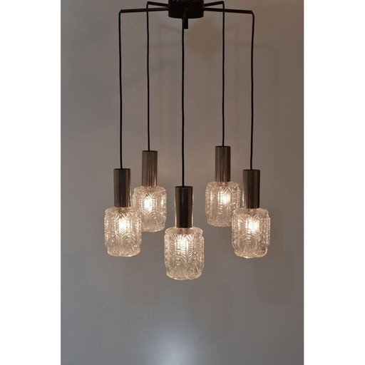 Lustre, cascade vintage, 5 suspensions chromées et en verre
