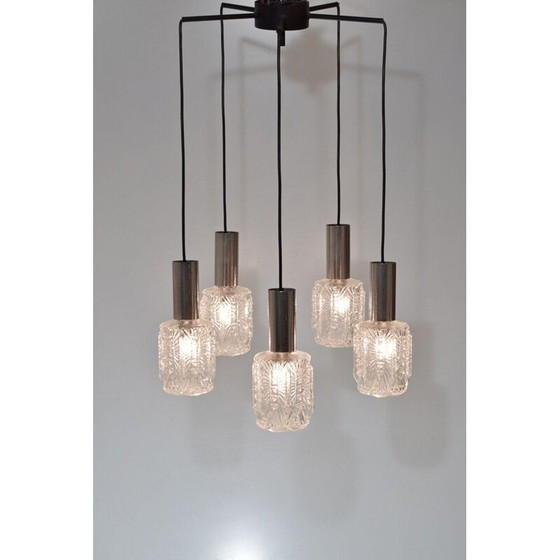 Image 1 of Lustre, cascade vintage, 5 suspensions chromées et en verre