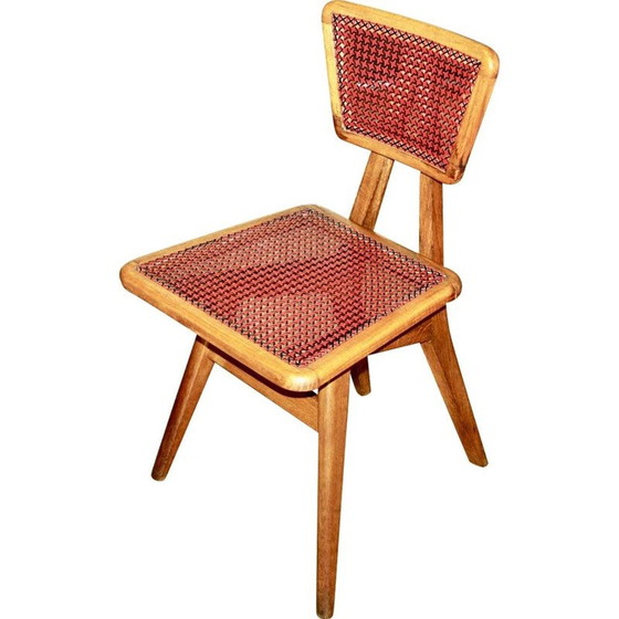 Image 1 of Chaise vintage en hêtre et cannage rouge et noir par Pierre Cruège pour Roset, 1950