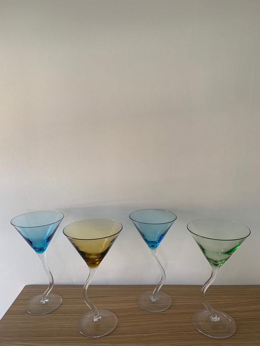 Ensemble de 4 verres à cocktail dansants multicolores, 1990