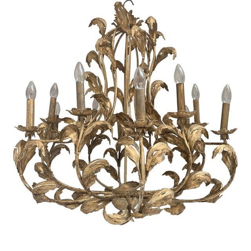 Florentine Art Gold Handmade Painted Metal 10 Light Wrought Iron Chandelier, Made In Italy