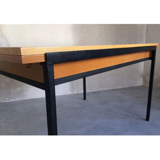 Table de salle à manger vintage en placage d'acajou par Charron, français 1950