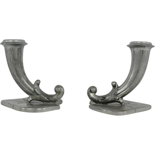 Paire de bougeoirs en étain art déco vintage par Gab, 1930