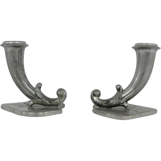 Image 1 of Paire de bougeoirs en étain art déco vintage par Gab, 1930