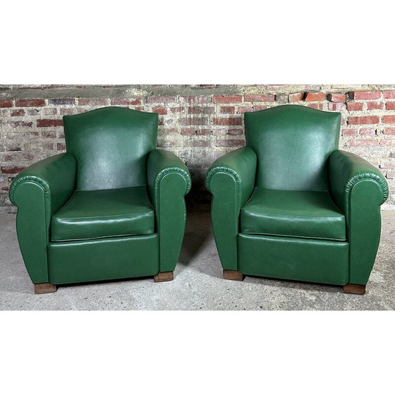 Image 1 of Paire de fauteuils vintage en skaï vert foncé, 1950