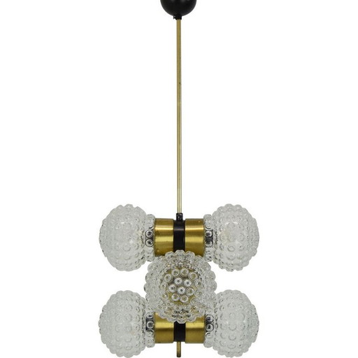 Lustre vintage en verre, métal et laiton par Napako, Tchécoslovaquie 1960