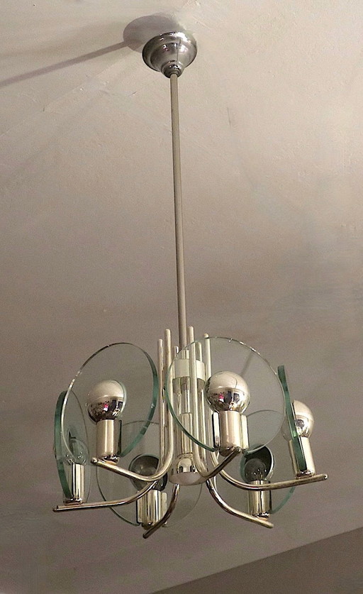 Lustre en métal argenté avec 6 disques en verre taillé, Italie, années 1960