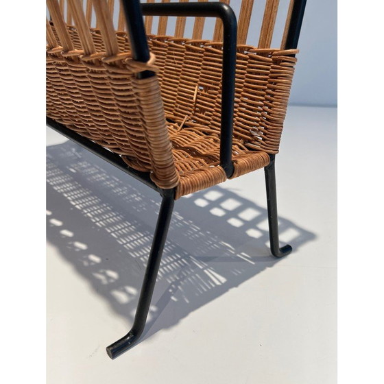 Image 1 of Porte-revues vintage en métal laqué noir et rotin, 1940