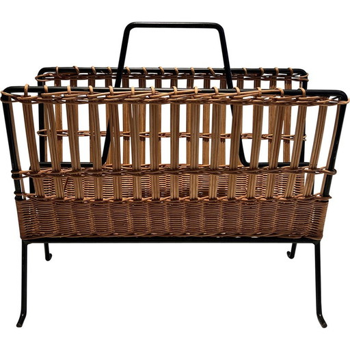 Porte-revues vintage en métal laqué noir et rotin, 1940