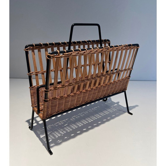 Image 1 of Porte-revues vintage en métal laqué noir et rotin, 1940