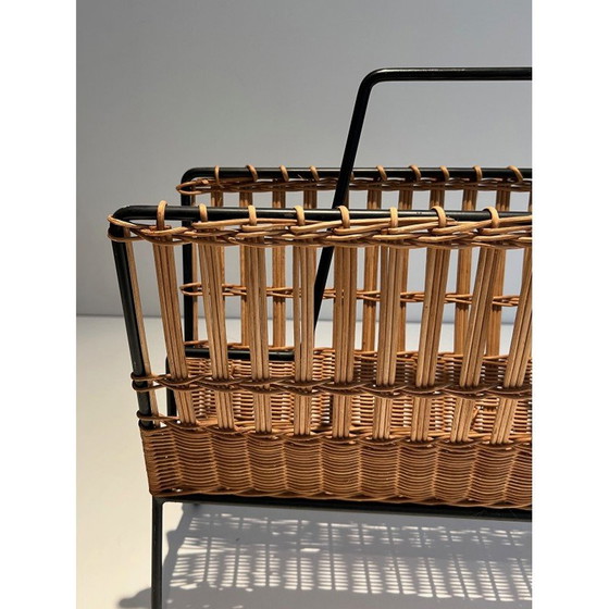 Image 1 of Porte-revues vintage en métal laqué noir et rotin, 1940