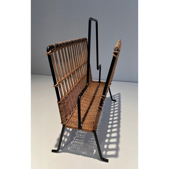 Image 1 of Porte-revues vintage en métal laqué noir et rotin, 1940