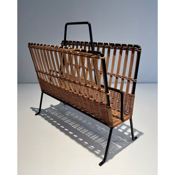 Image 1 of Porte-revues vintage en métal laqué noir et rotin, 1940