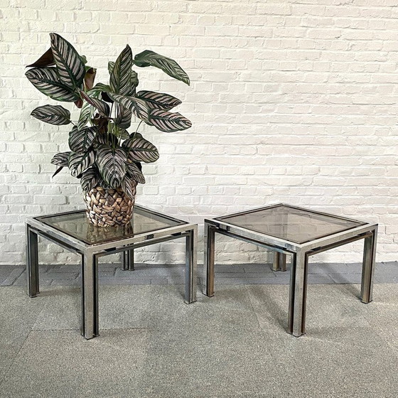Image 1 of Paire de tables d'appoint vintage en chrome et laiton, Italie 1970