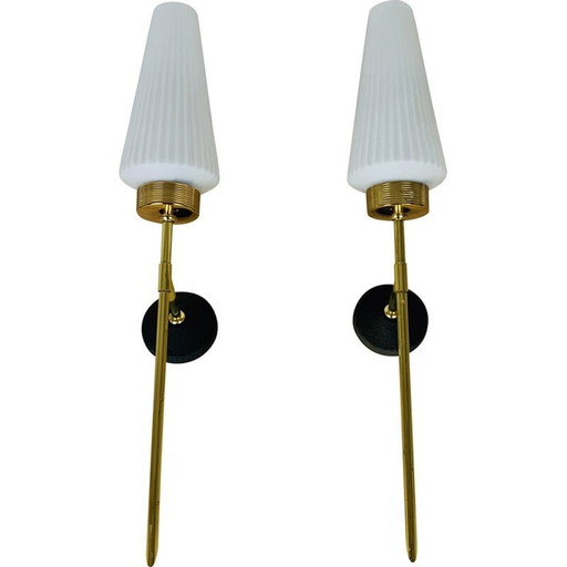 Paire d'appliques vintage en laiton et opaline, années 1950